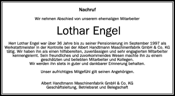 Anzeige von Lothar Engel von Schwäbische Zeitung