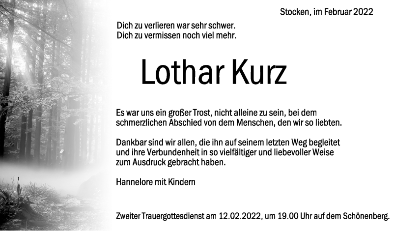  Traueranzeige für Lothar Kurz vom 09.02.2022 aus Schwäbische Zeitung