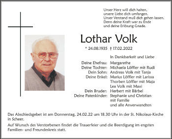 Anzeige von Lothar Volk von Schwäbische Zeitung