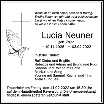 Anzeige von Lucia Neuner von Schwäbische Zeitung