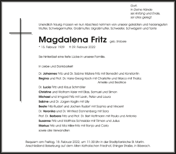 Anzeige von Magdalena Fritz von Schwäbische Zeitung