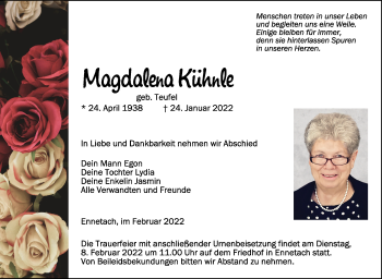 Anzeige von Magdalena Kühnle von Schwäbische Zeitung