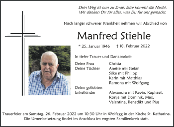 Anzeige von Manfred Stiehle von Schwäbische Zeitung