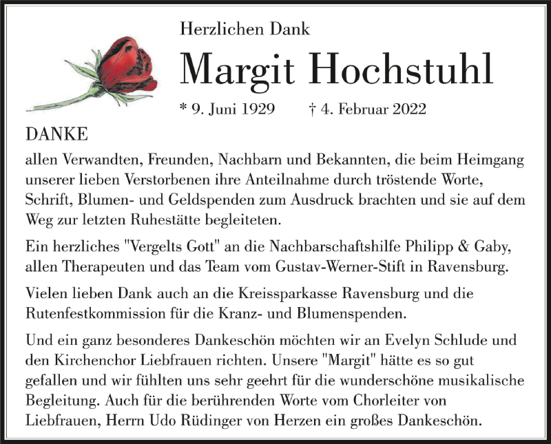  Traueranzeige für Margit Hochstuhl vom 26.02.2022 aus Schwäbische Zeitung