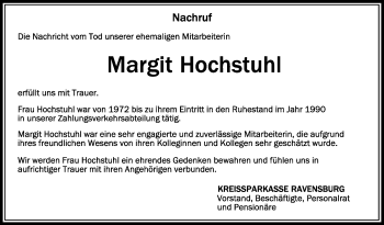 Anzeige von Margit Hochstuhl von Schwäbische Zeitung