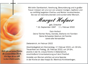 Anzeige von Margot Hafner von Schwäbische Zeitung