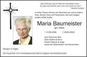 Anzeige von Maria Baumeister von Schwäbische Zeitung