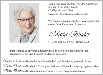 Anzeige von Maria Binder von Schwäbische Zeitung