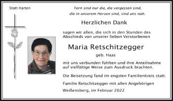 Anzeige von Maria Retschitzegger von Schwäbische Zeitung