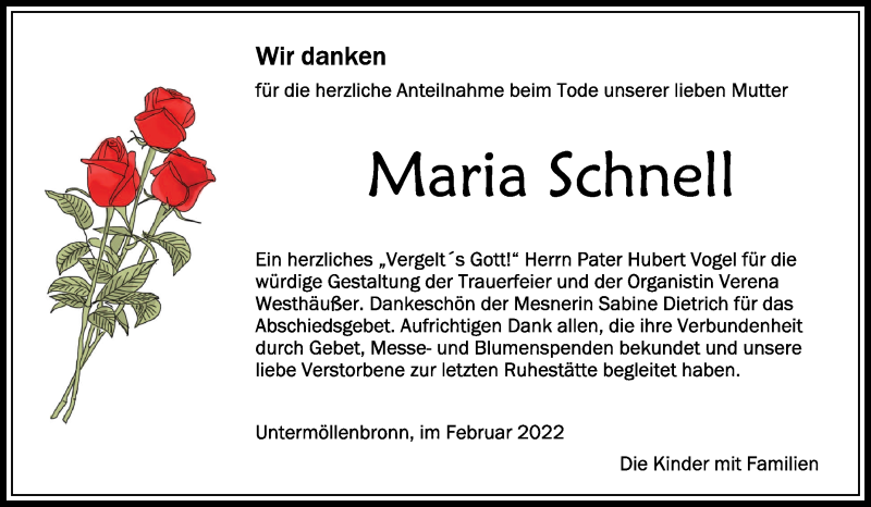  Traueranzeige für Maria Schnell vom 26.02.2022 aus Schwäbische Zeitung