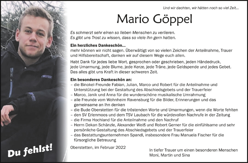  Traueranzeige für Mario Göppel vom 12.02.2022 aus Schwäbische Zeitung