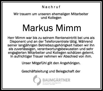 Anzeige von Markus Mimm von Schwäbische Zeitung