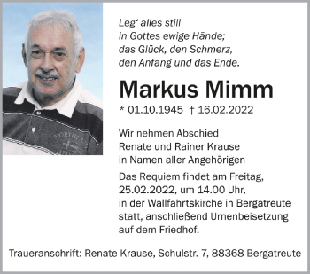 Anzeige von Markus Mimm von Schwäbische Zeitung