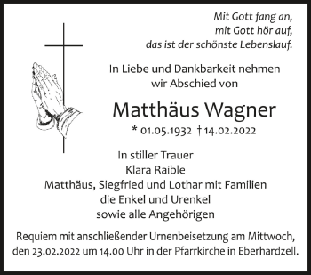 Anzeige von Matthäus Wagner von Schwäbische Zeitung