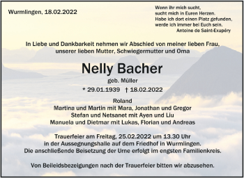 Anzeige von Nelly Bacher von Schwäbische Zeitung