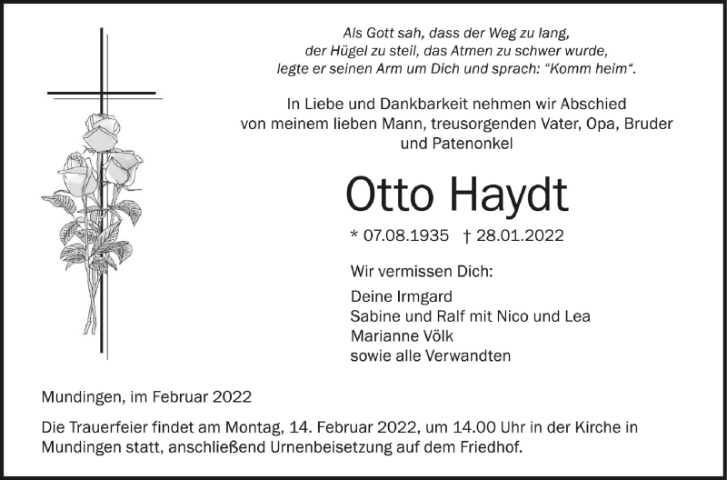  Traueranzeige für Otto Haydt vom 10.02.2022 aus Schwäbische Zeitung