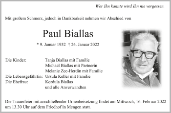 Anzeige von Paul Biallas von Schwäbische Zeitung