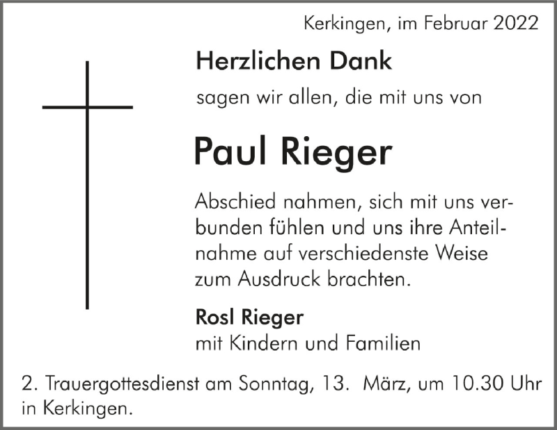  Traueranzeige für Paul Rieger vom 22.02.2022 aus Schwäbische Zeitung