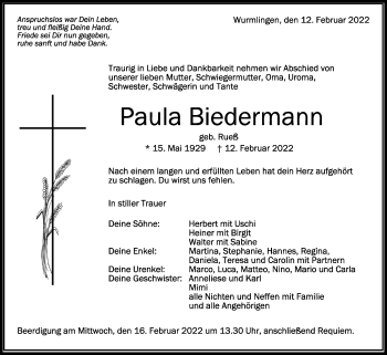 Anzeige von Paula Biedermann von Schwäbische Zeitung