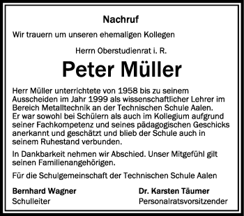 Anzeige von Peter Müller von Schwäbische Zeitung