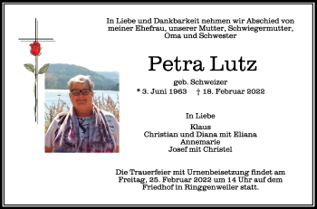 Anzeige von Petra Lutz von Schwäbische Zeitung