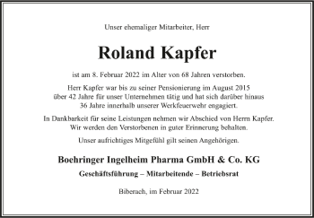 Anzeige von Roland Kapfer von Schwäbische Zeitung