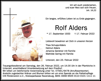 Anzeige von Rolf Alders von Schwäbische Zeitung