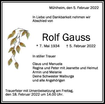 Anzeige von Rolf Gauss von Schwäbische Zeitung