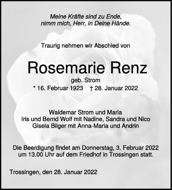 Anzeige von Rosemarie Renz von Schwäbische Zeitung