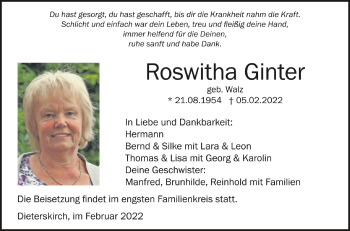 Anzeige von Roswitha Ginter von Schwäbische Zeitung