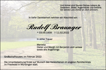 Anzeige von Rudolf Braunger von Schwäbische Zeitung