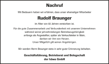 Anzeige von Rudolf Braunger von Schwäbische Zeitung