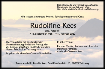 Anzeige von Rudolfine Kees von Schwäbische Zeitung