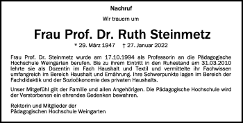 Anzeige von Ruth Steinmetz von Schwäbische Zeitung