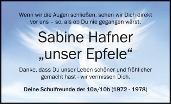 Anzeige von Sabine Hafner von Schwäbische Zeitung