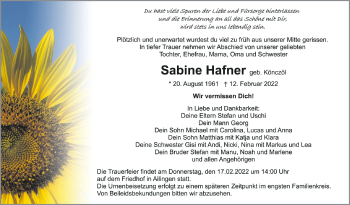 Anzeige von Sabine Hafner von Schwäbische Zeitung