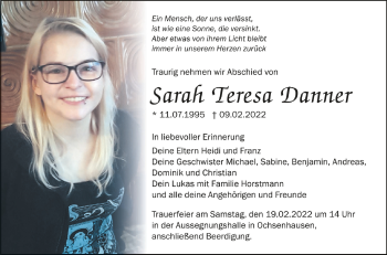 Anzeige von Sarah Teresa Danner von Schwäbische Zeitung