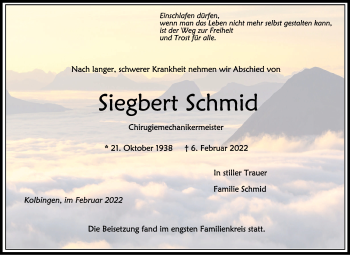 Anzeige von Siegbert Schmid von Schwäbische Zeitung