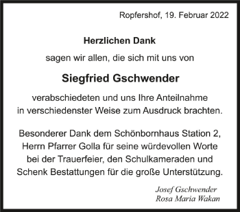 Anzeige von Siegfried Gschwender von Schwäbische Zeitung