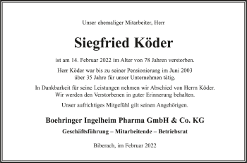 Anzeige von Siegfried Köder von Schwäbische Zeitung