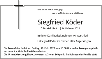 Anzeige von Siegfried Köder von Schwäbische Zeitung