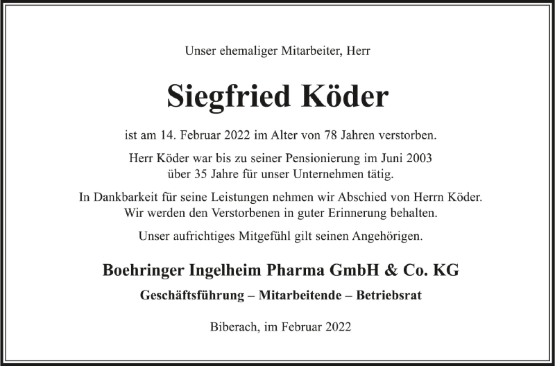  Traueranzeige für Siegfried Köder vom 26.02.2022 aus Schwäbische Zeitung