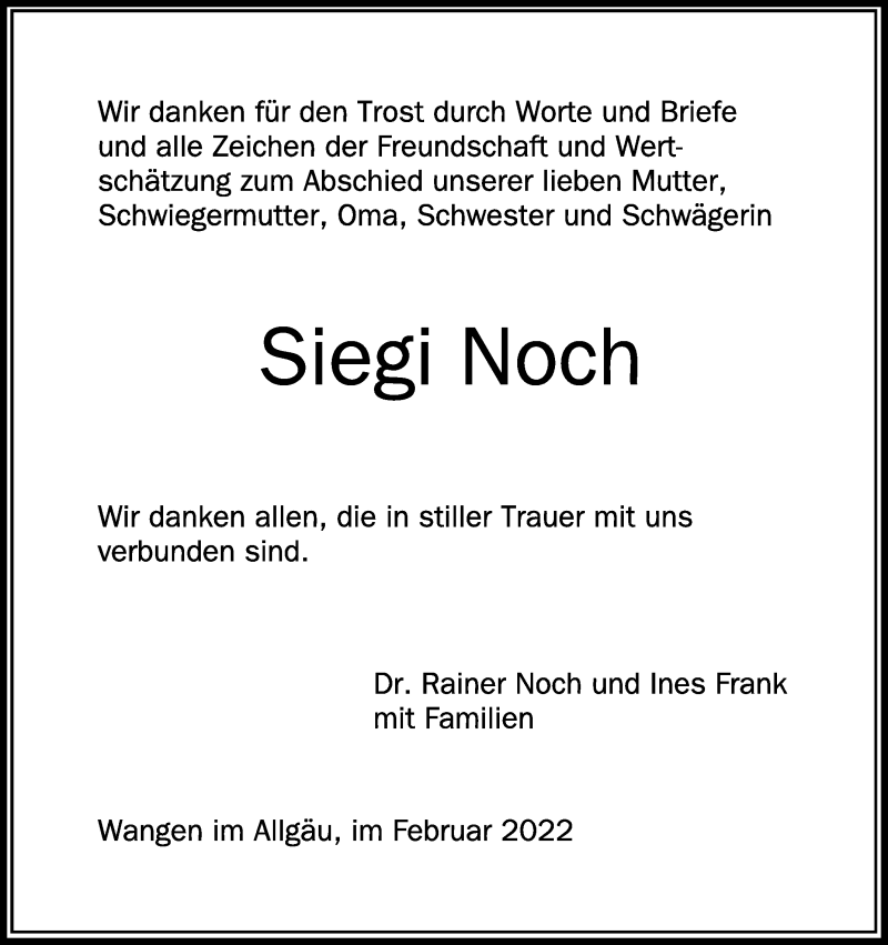  Traueranzeige für Sieglinde Noch vom 05.02.2022 aus Schwäbische Zeitung