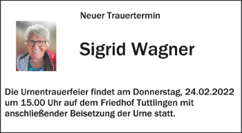 Anzeige von Sigrid Wagner von Schwäbische Zeitung