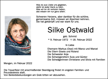 Anzeige von Silke Ostwald von Schwäbische Zeitung