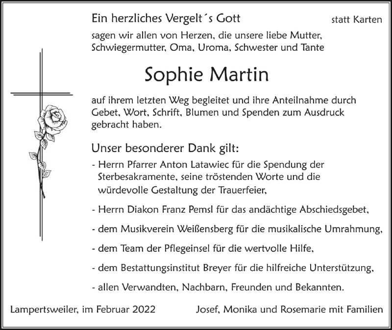  Traueranzeige für Sophie Martin vom 12.02.2022 aus Schwäbische Zeitung