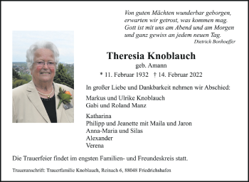 Anzeige von Theresia Knoblauch von Schwäbische Zeitung