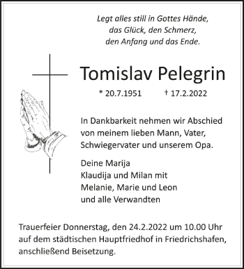 Anzeige von Tomislav Pelegrin von Schwäbische Zeitung