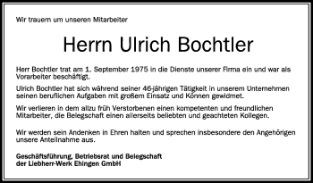 Anzeige von Ulrich Bochtler von Schwäbische Zeitung