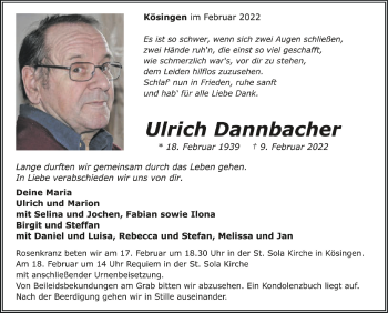 Anzeige von Ulrich Dannbacher von Schwäbische Zeitung